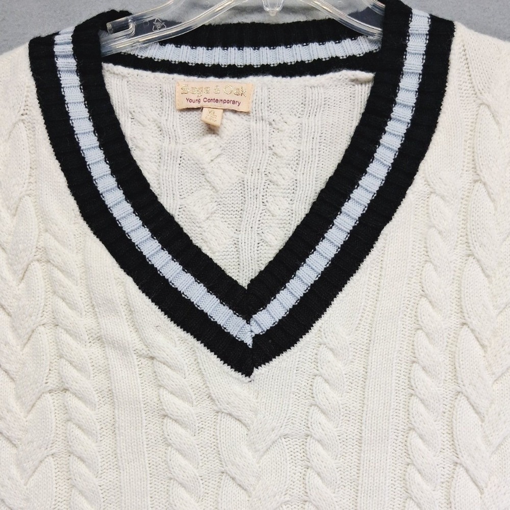 Sage & Oak Womens XL Cable Knit Sweater Vest Cream Varsity Stripe V-Neck‎ 0981